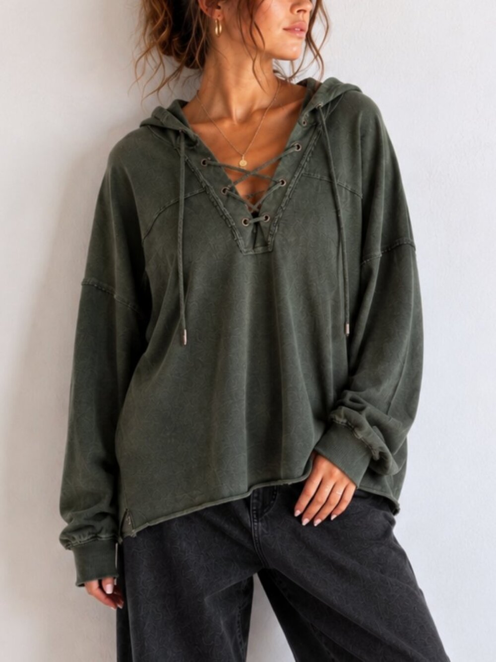 Aerie 100% Cotton Lace Up Olive Green Oversized Hoodie M Distressed Grunge Boho